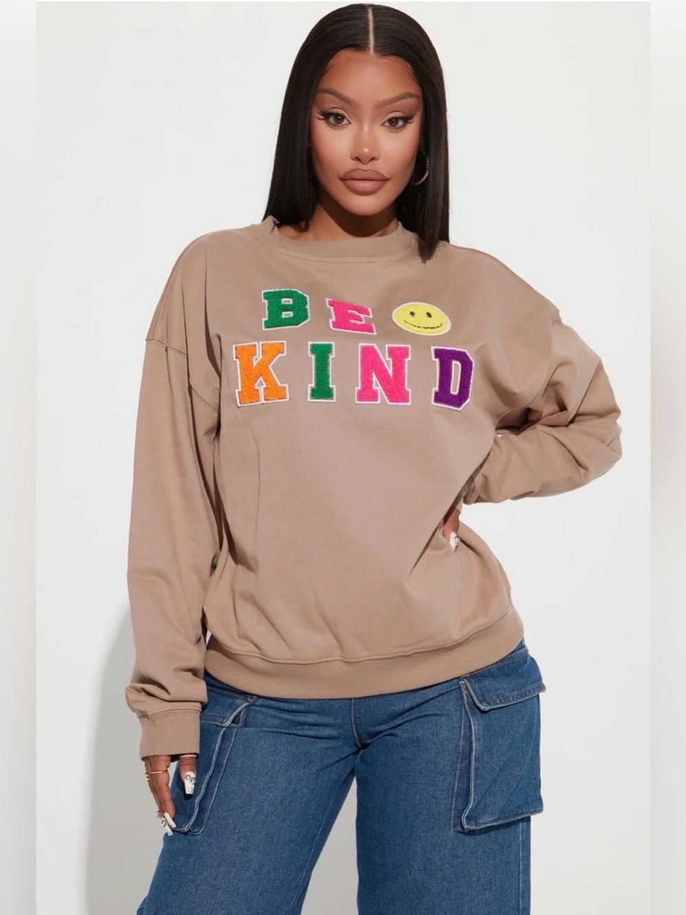 NWT Fashion Nova Taupe Brown Cotton Blend Crewneck Sweatshirt Size L Athletic